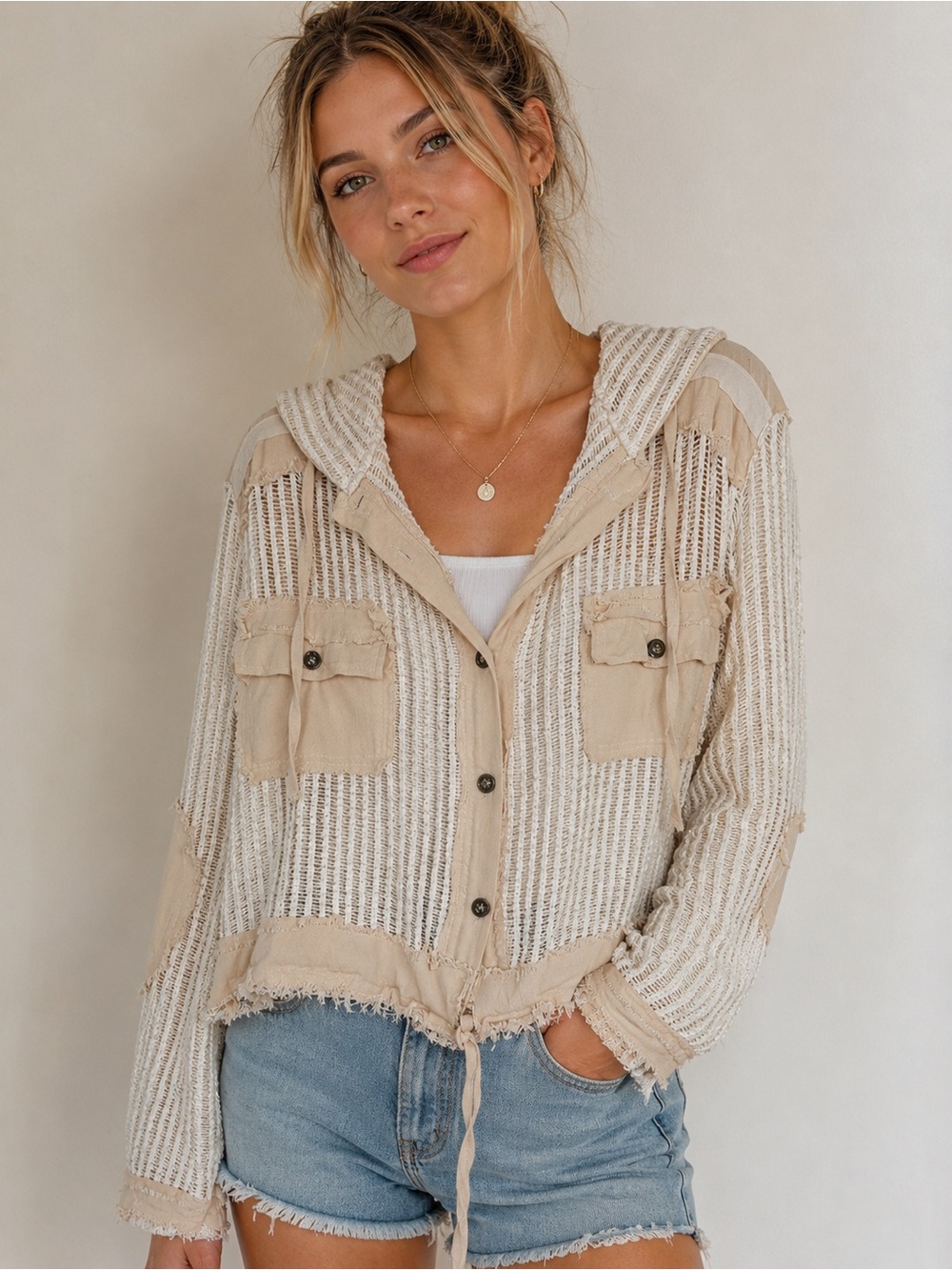 POL Beige & Cream Open-Weave Hooded Button Utility Jacket
